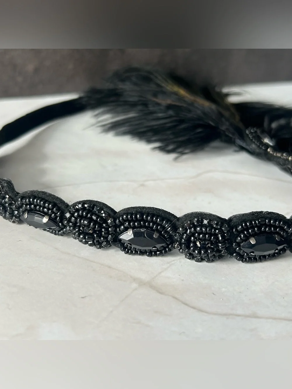 Black Beaded Feather Headband with Peacock Accent
